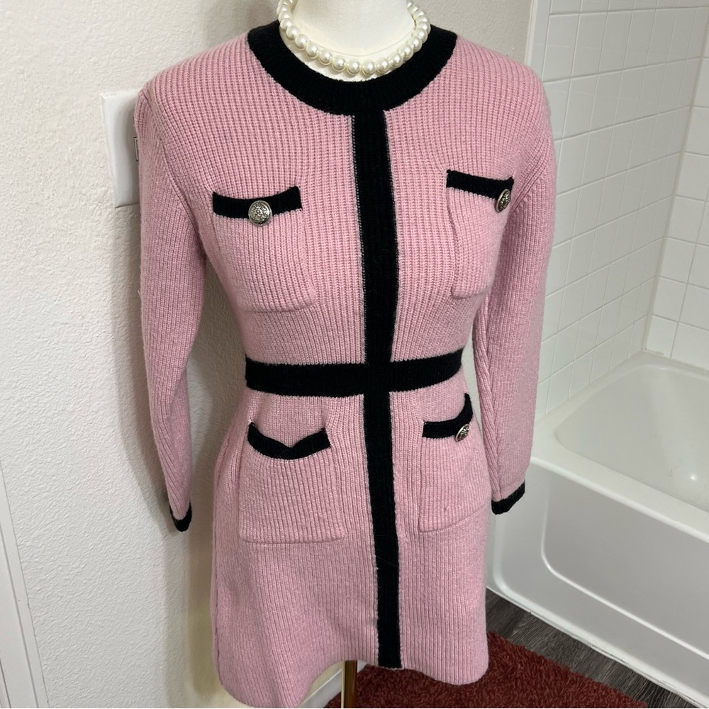 Pink black knit long sleeve sweater dress paris european school work winter